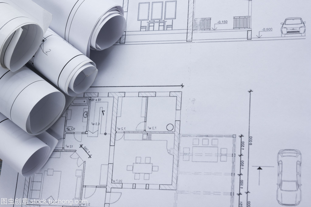 建筑师车间顶视图。建筑项目,蓝图,蓝图卷上计划。建设背景。工程工具。复制空间
